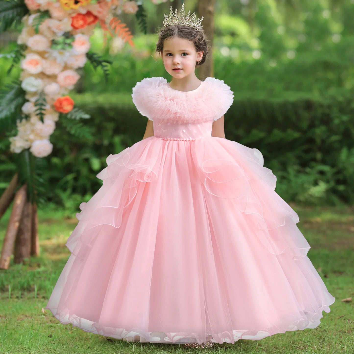 Girls Dress For Eid Flower Girl Wedding Tulle Puffy Collar Pearls Princess Elegant Birthday First Communiopn Ball Gown